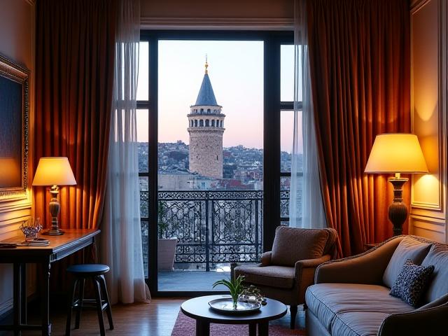 Galata Kulesi manzaralı, yüksek tavanlı, otantik bir butik otel odası