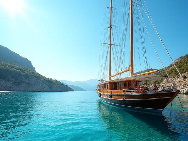 Bodrum'da mavi bir koyda demirlenmiş bir tekne