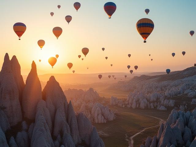 Kapadokya'da gökyüzünde sıcak hava balonları