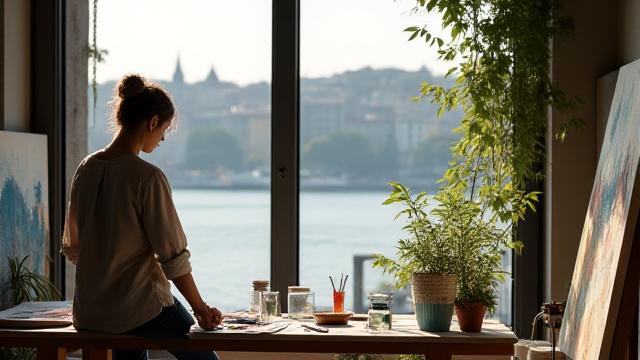 Boğaz kenarında konumlanmış sanatçı atölyesinde resim yapan bir sanatçı.