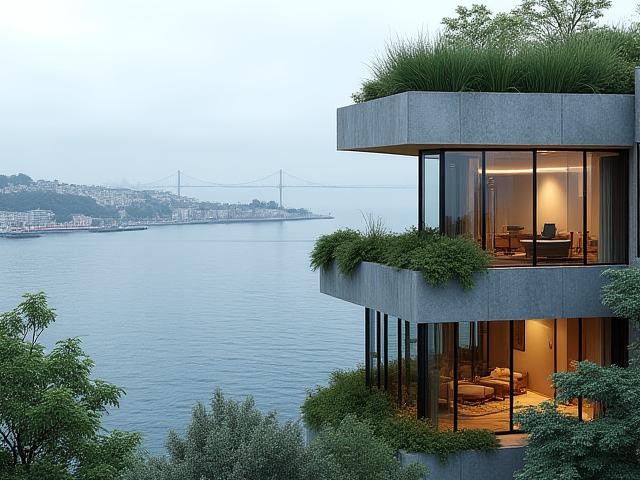 İstanbul'da Boğaz manzaralı, yeşil çatılı ve modern tasarımlı butik bir otel